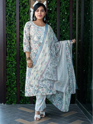 Multi Coloured Floral Print Dupatta Set-36