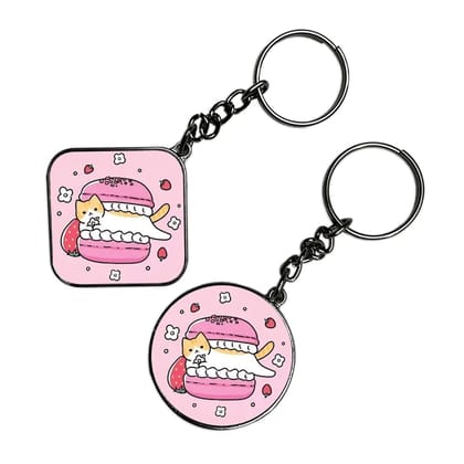 Cute Cat With Macroon - Keychain With Silver Border (Pack Of 2)