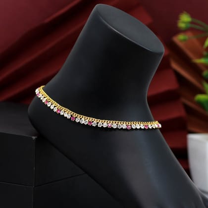 Rani Color Rhinestone Anklets (ANK922RNI)-Length: 26.00 CM x Width: 0.50 CM / Pink / Brass With Good Quality Gold Plated