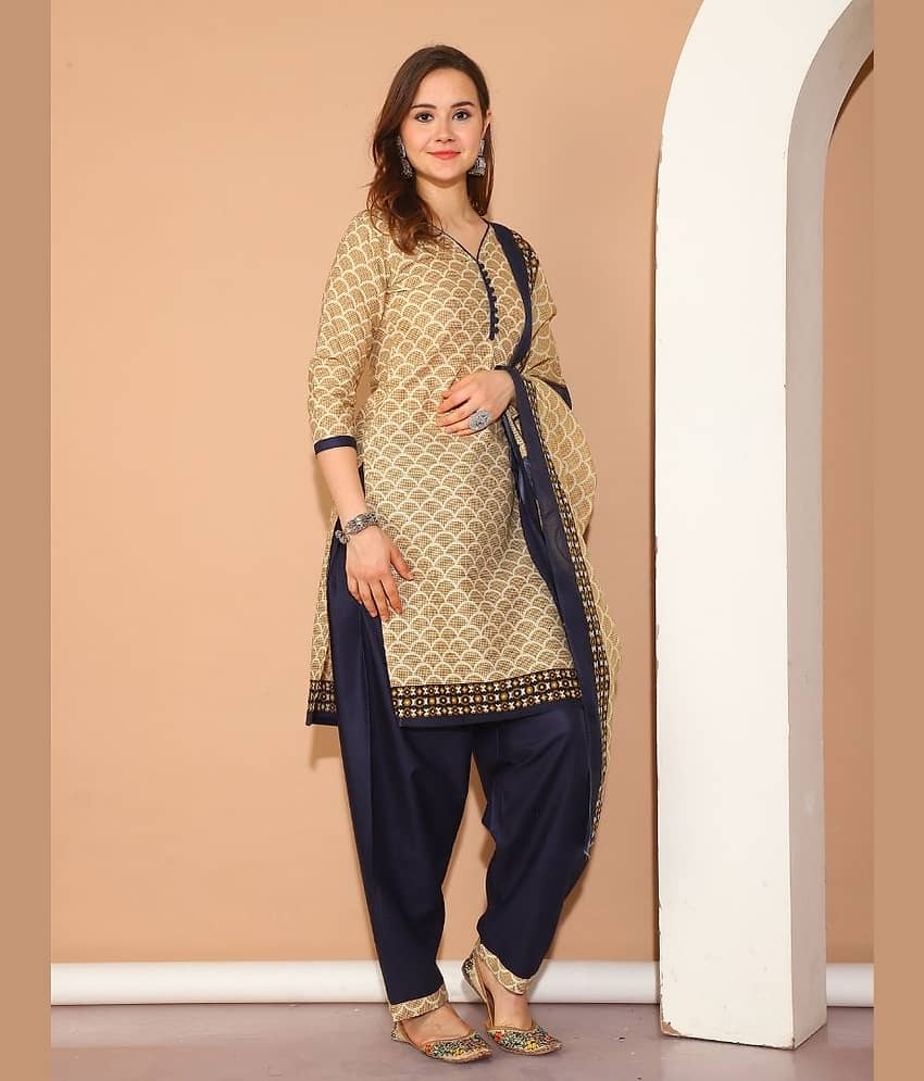 Rajnandini Women Cotton Blend Printed Straight Kurti With Patiala Salwar ( Beige )