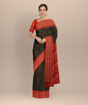 Olive green orange cotton handloom sambalpuri saree