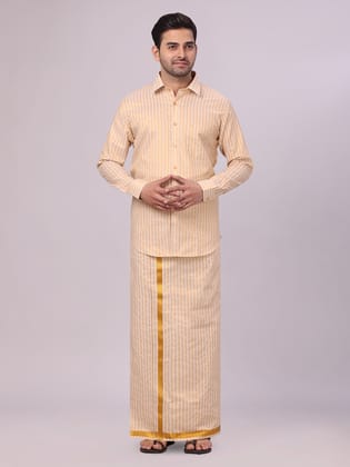 Mens Tissue Stripes Gold Shirt & Jari Border Dhoti Wedding Combo Finely-36 / F/S / Gold