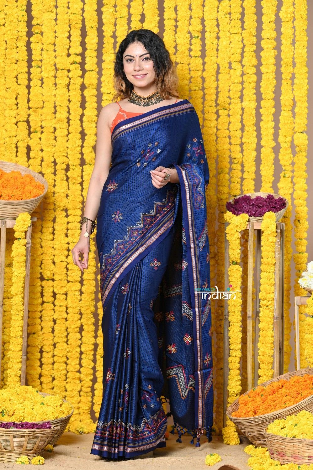 HANDWOVEN! Traditional Khun Cotton Resham With Kashida Work in Blue