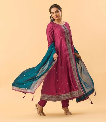 Magenta And Teal Embroidered Festive Anarkali Set-S / Magenta