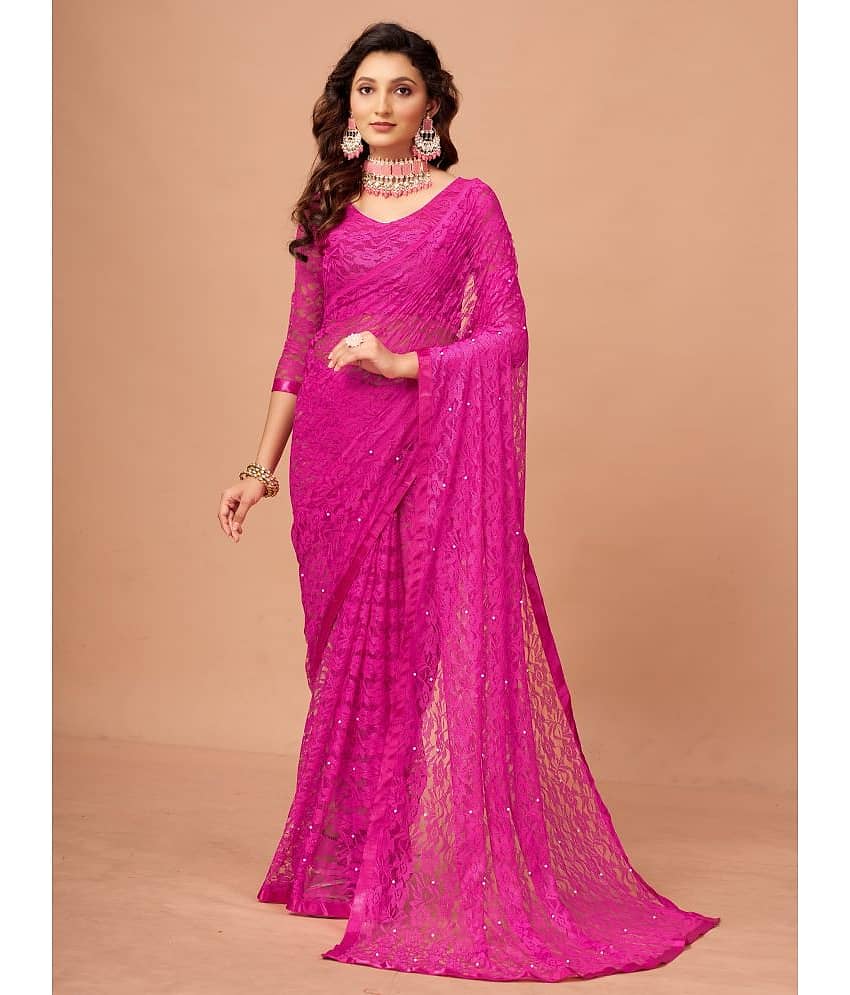 VANRAJ CREATION Brasso Self Design Saree With Unstitched Blouse Piece ( Pink )