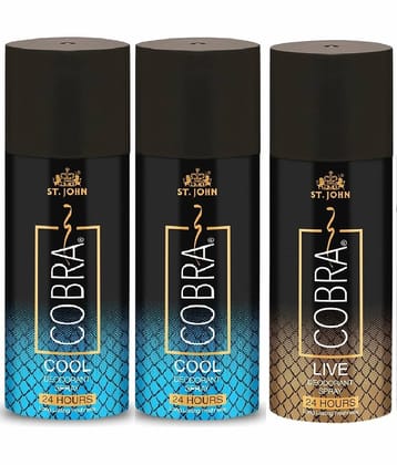 ST.JOHN Cobra Cool 150ml*2 & Live 150ml Long-Lasting Deodorant Spray for Men (450ml) - Pack of 3
