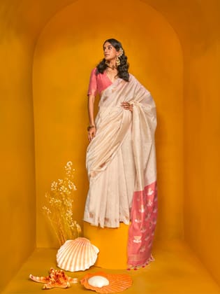 Off White Pure Tusser Handloom Weaving Silk Saree