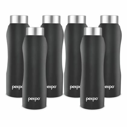 PEXPO Stainless Steel Fridge Water Bottle, 1000 ml, Pack Of 6, Knight Black, Bistro | Leak-Proof & Easy to Grip Water Bottle