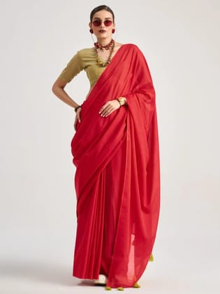 Red Mul Mul Cotton Saree With Blouse