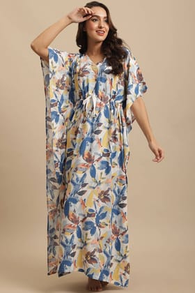 Blue & White Tropical Printed Viscose Rayon Kaftan For Women-ONESIZE