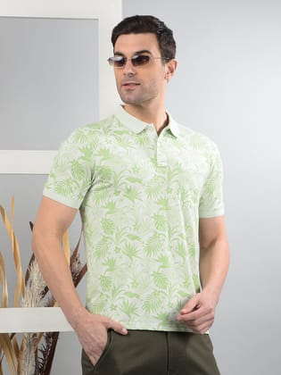 Green Floral Print Polo Neck T-Shirt-M / Green