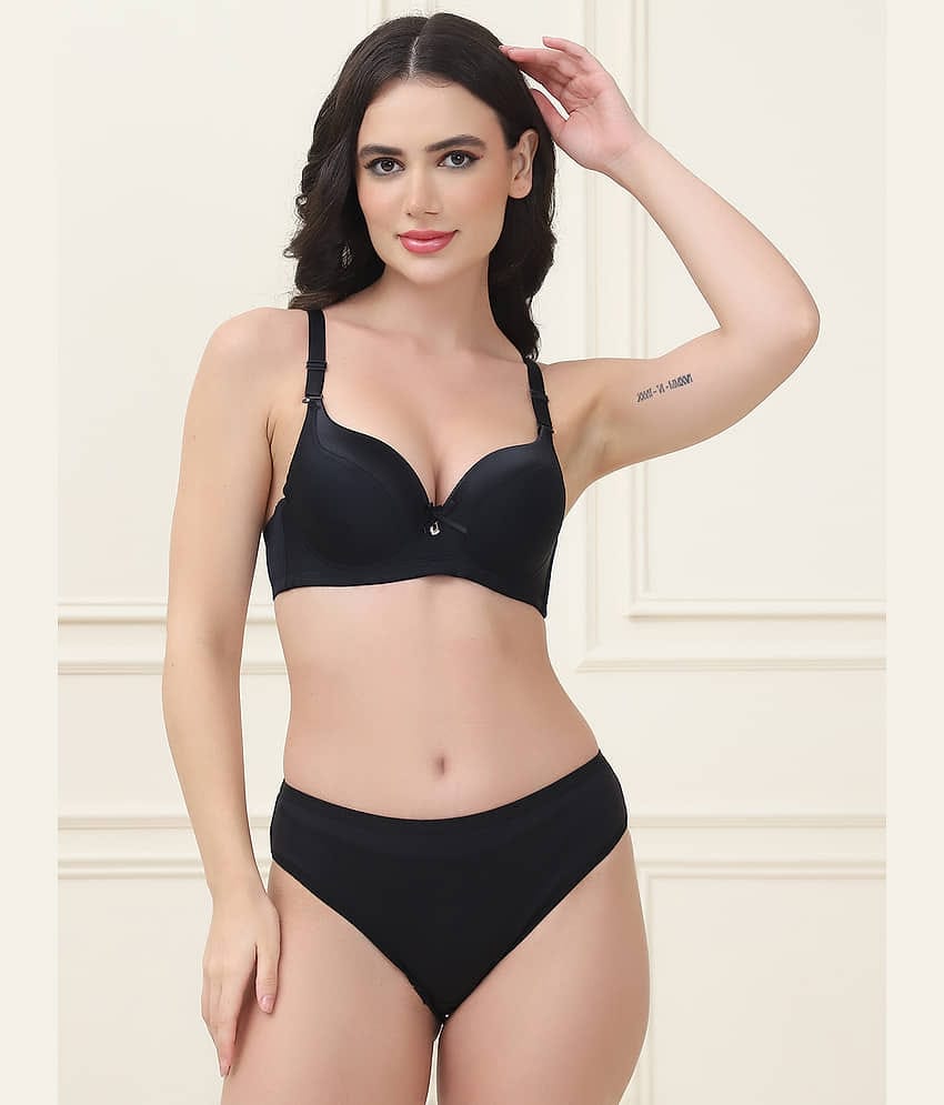 PrettyCat Pack of 1 Satin Bra & Panty Set For Women ( Black )