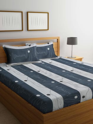 Grey & White Striped 300 TC King Bedsheet with 2 Pillow Covers
