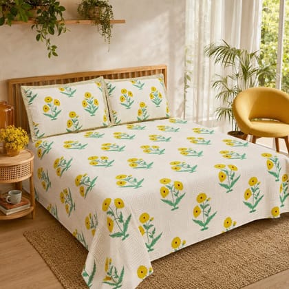 Sunehri Marigold Cotton Bedsheet 100% Cotton King-Size with 2 Pillow Covers