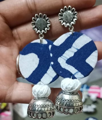 Elegant Blue and White Fabric Earrings with Silver Zumka