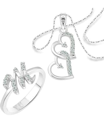 Vighnaharta "M" Alphabet Ring with Heart Pendant (1189FRR-1216PR) CZ Rhodium Plated Alloy Combo set for Women and Girls- VFJ1155RPR8