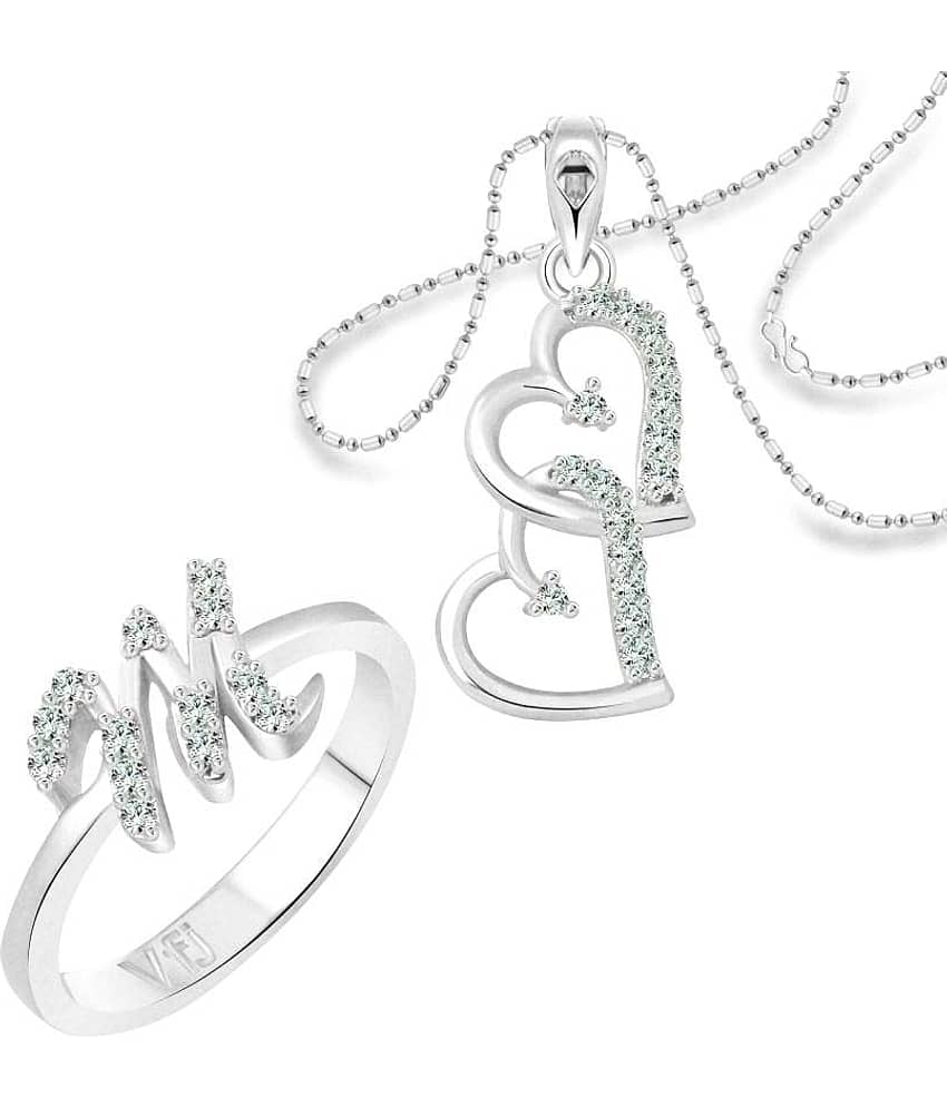 Vighnaharta "M" Alphabet Ring with Heart Pendant (1189FRR-1216PR) CZ Rhodium Plated Alloy Combo set for Women and Girls- VFJ1155RPR8