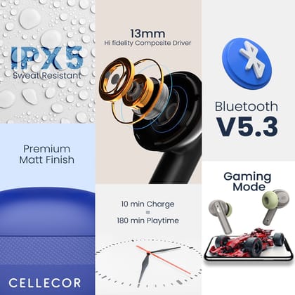 Cellecor BroPods C105 Tune TWS |45H Playtime, ENC, 5.3v, IPX5, 50ms Low Latency Gaming Bluetooth-Blue Yellow