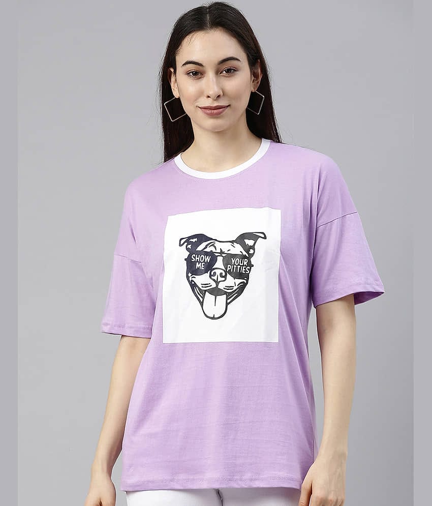 JUNEBERRY Women Cotton Printed Oversized Fit Round Neck T-Shirt ( Purple )