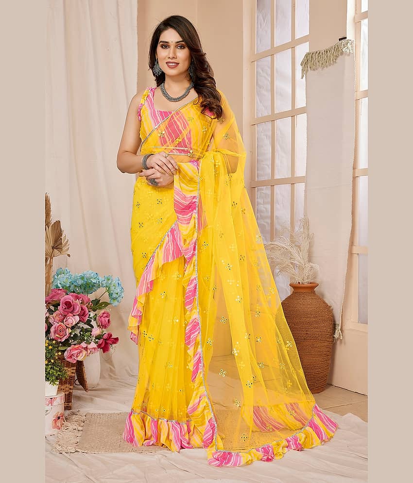 VEDANT VASTRAM Net Embroidered Saree With Unstitched Blouse Piece ( Grey )