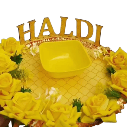 Indian Wedding Haldi Kumkum Plate with Yellow Rose Flowers