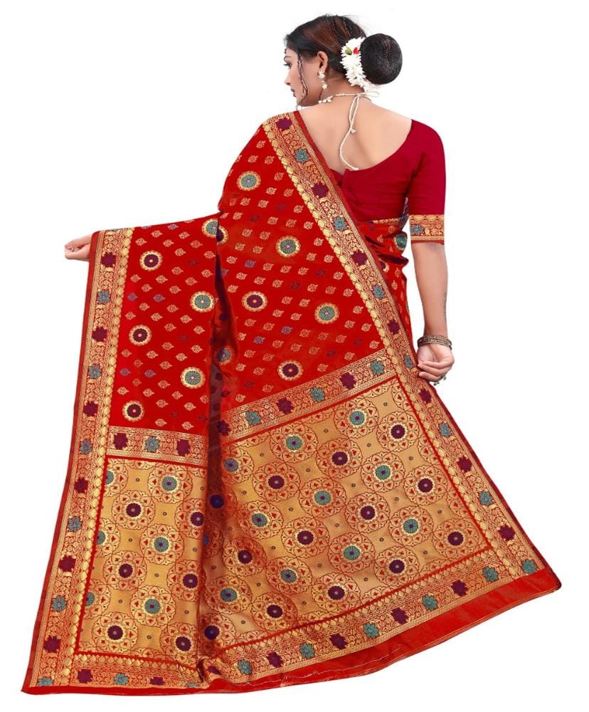 Women's Banarasi Silk Designer Weaving Saree with Unstitched Blouse (Red, 5.50 Mtrs)