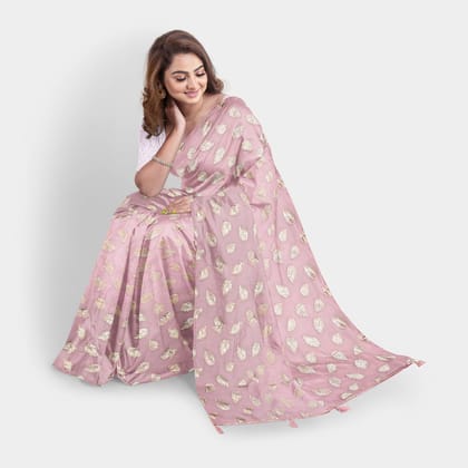 TheHangr Pink Chiffon Saree With Golden Leaves And Running Pallu