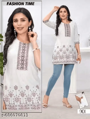Women's Stylish and Trending White Base Cotton Short Tunic Kurti Seaquence Brown & Tone Eambroidered & Daman Printed One Side Pocket
