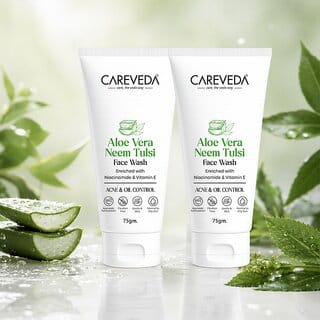 (Set of 2) CareVeda Aloe Vera, Neem  Tulsi Face Wash with Niacinamide  Vitamin E, Acne  Oil Control, 75g