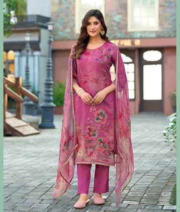 MOJILAA Women Organza Printed Straight Kurti With Pants ( Magenta )