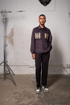 Dark Grey Corduroy Shirt with Ikat Pockets-XS
