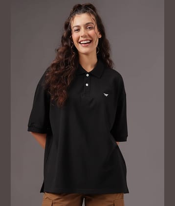 Riss Women Cotton Blend Solid Regular Fit Polo Collar T-Shirt ( Black )