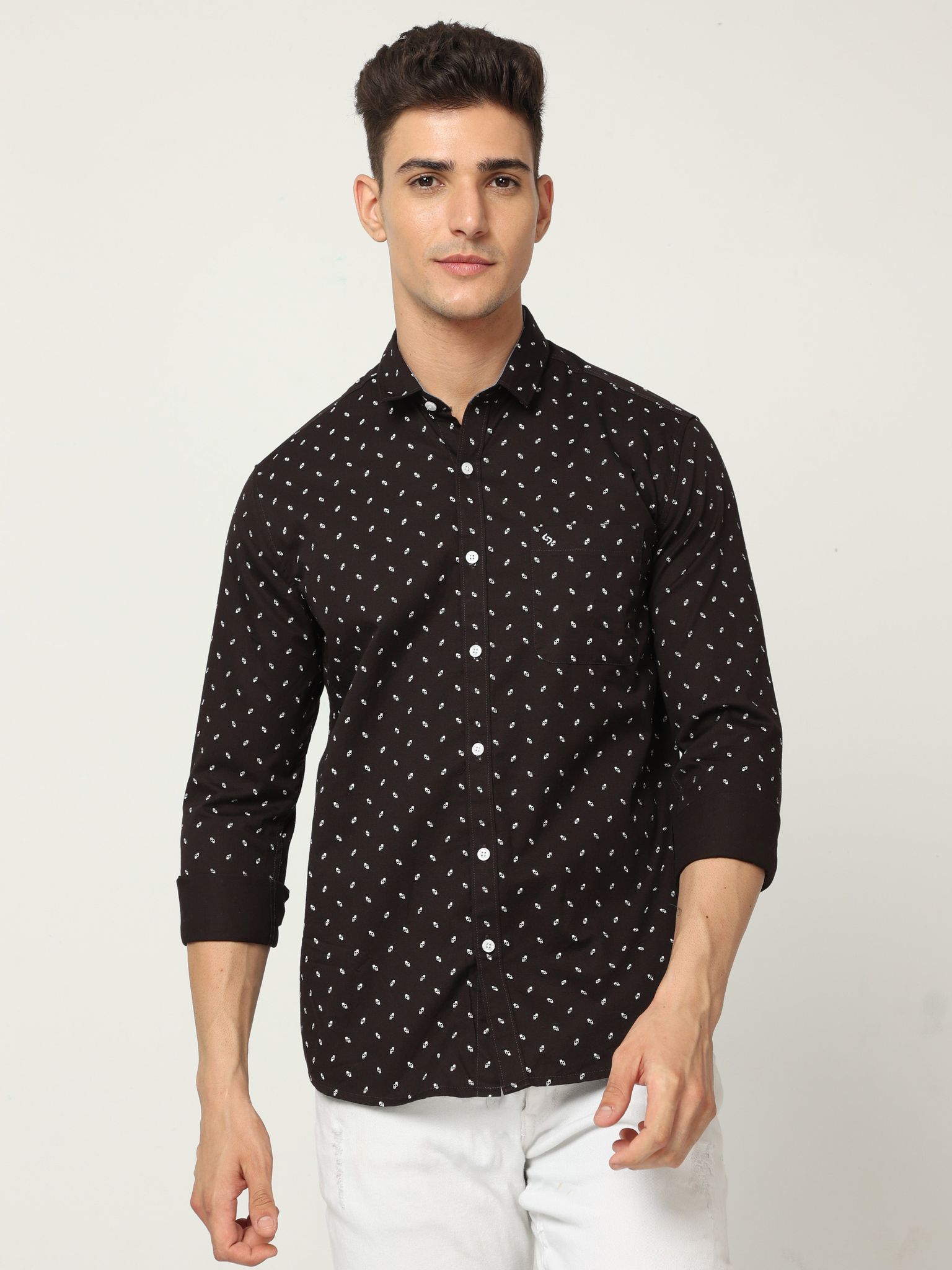 Classic Polo Mens Cotton Full Sleeve Printed Slim Fit Polo Neck Brown Color Woven Shirt | SO1-174 B-FS-PRT