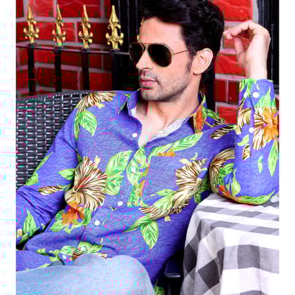 Hibiscus Flower Cobalt Blue Casual Pure Linen Full Shirt (Size - S) by BLUE EAGLE