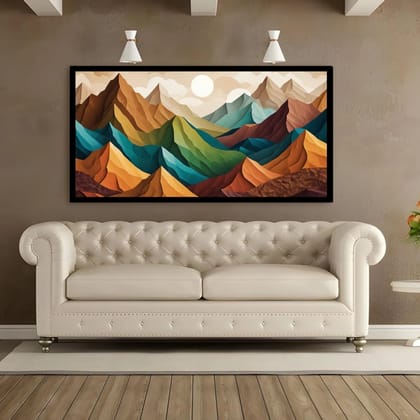 Luminary Peaceful Mountain Scenery – Calm Nature Landscape Artwork Canvas Painting For Decor | Frame Size (127 X 69 Cm) | Frame Type (Black) | 5-Year Warranty