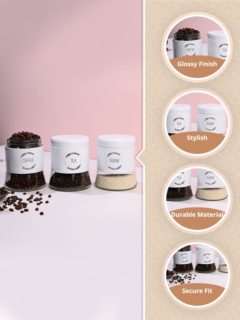 White Coffee, Tea & Sugar Jar Set Of 3, Each 600mL
