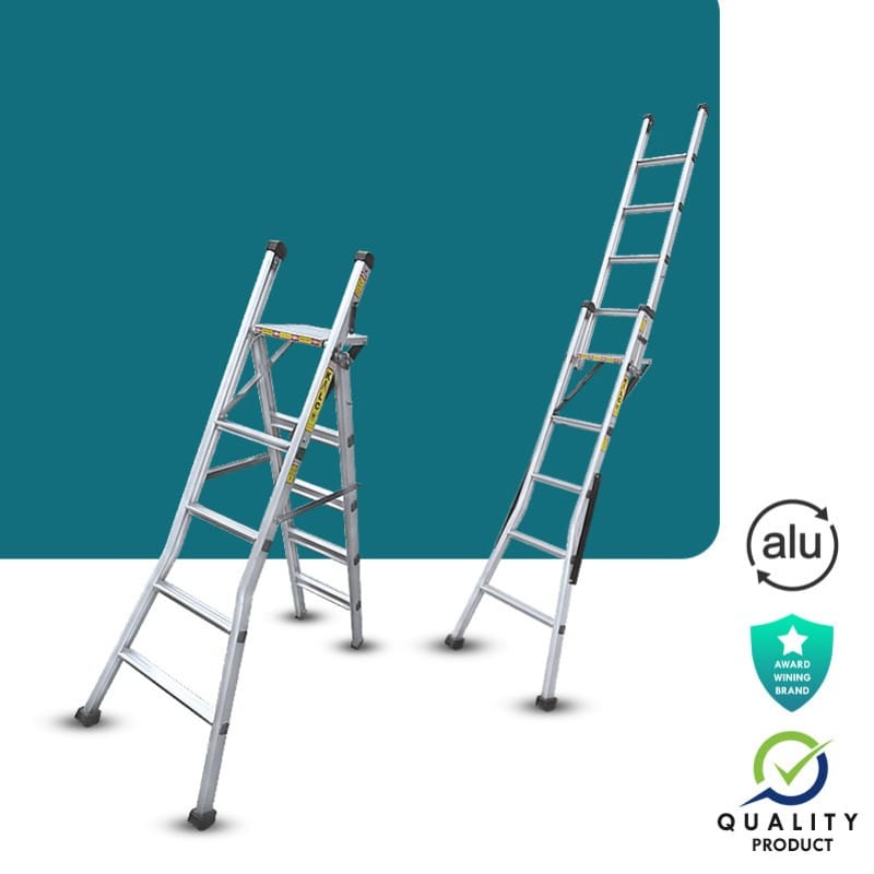 Multipurpose Wall Supporting & Stool Type Foldable Aluminium Ladder, Flat Steps (Model: K-7006, Height: 8ft + 9ft in Medium )