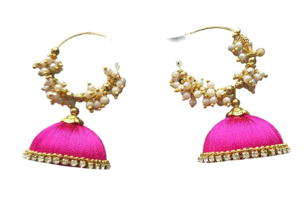 Buy Online Pink Color Silk Thread Jhumka Earrings With Pearls For Women
