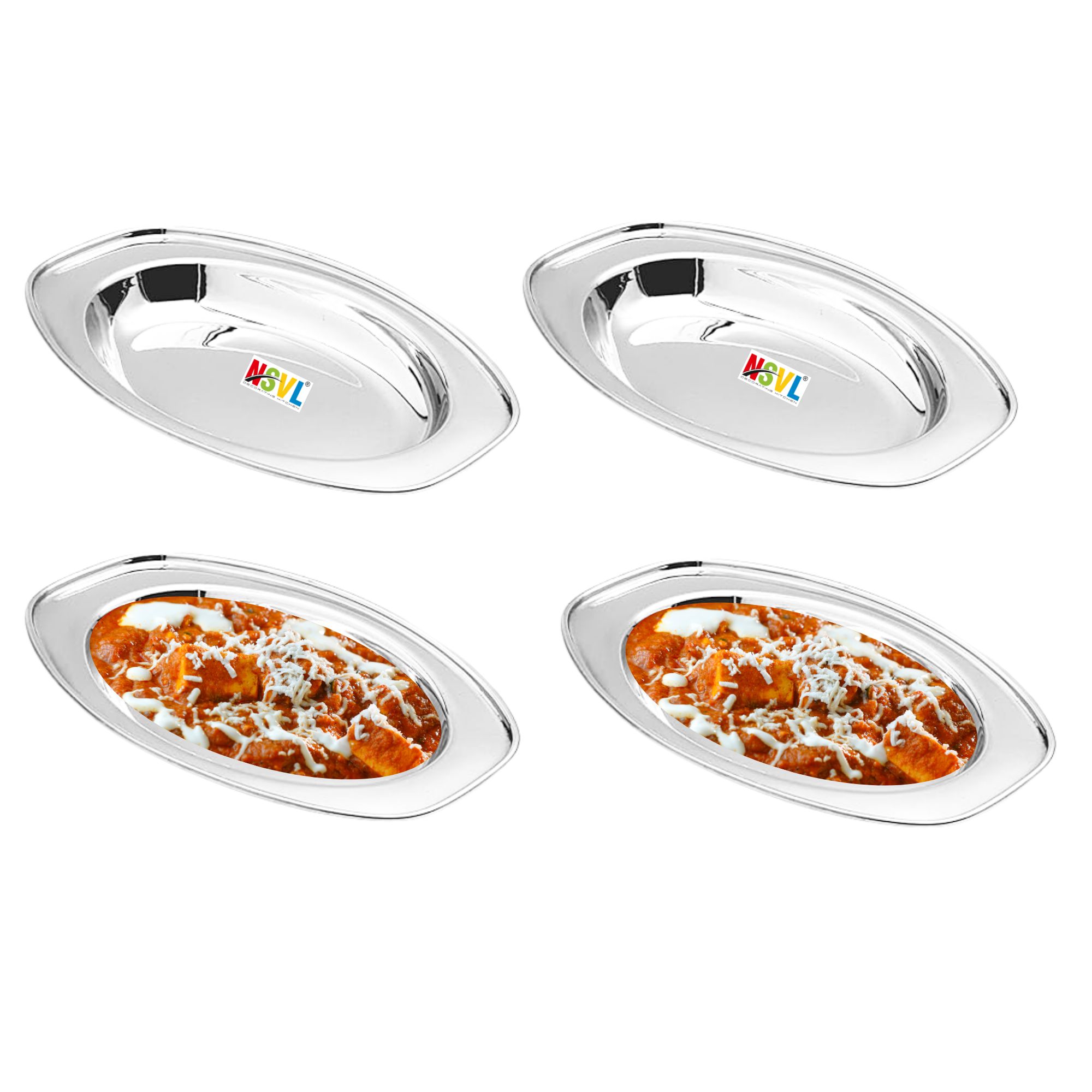 Stainless Steel Serving Plate |Oval Plate|Rice Plate|Dahi Plate|Chat Plate|Subzi Plate-PACK OF 4