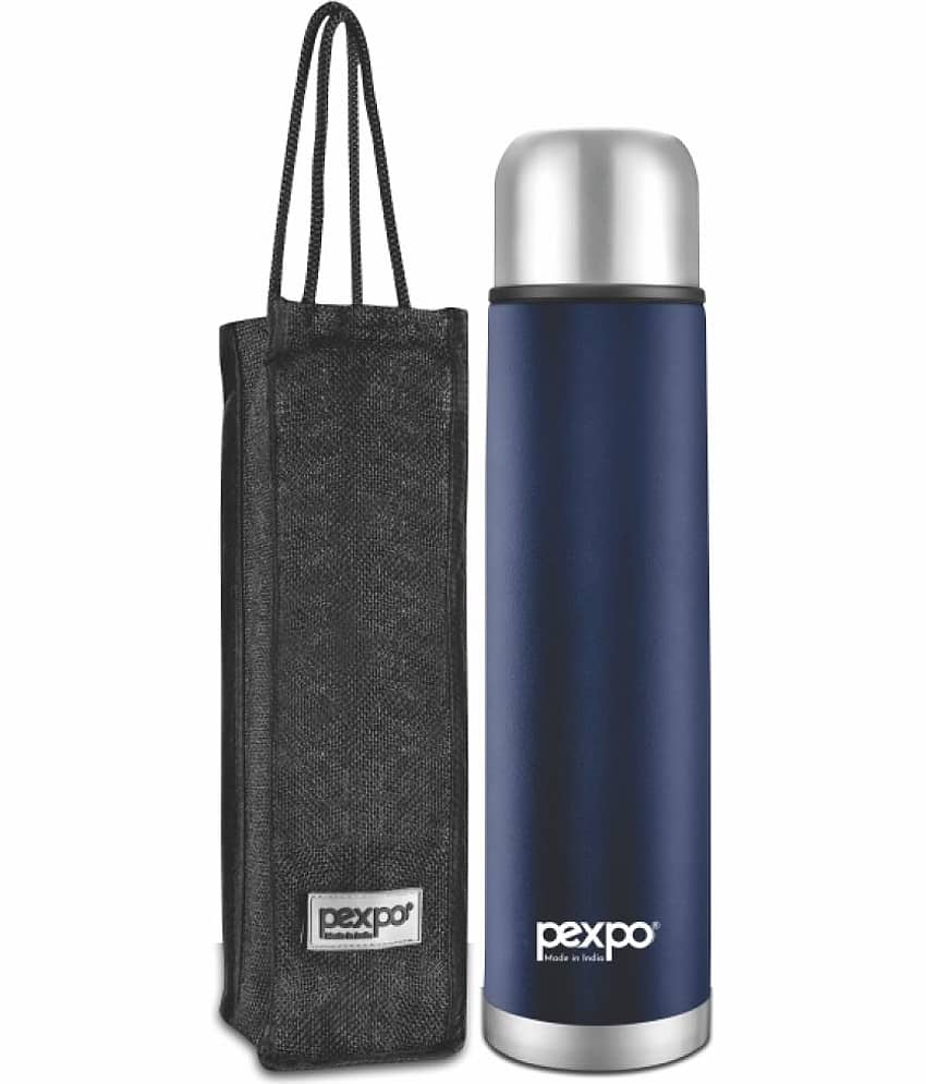 Pexpo 500ml 24 Hrs Hot and Cold ISI Certified Flask with Jute-bag, Flamingo Vacuum insulated Bottle (Pack of 1, Denim Blue)