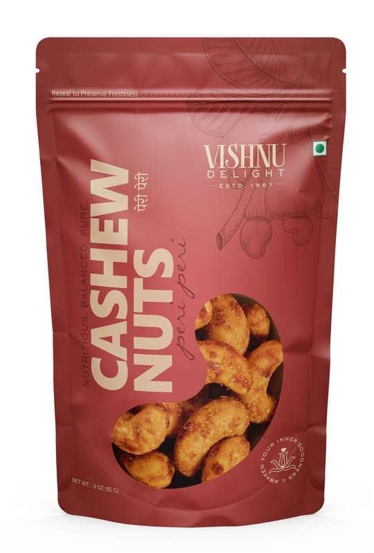 Vishnu Delight Peri Peri Flavor Cashews 85gm Pouch - A Fiery Twist on Traditional Cashews, Rich in Protein, Fiber, and Healthy Fats for a Guilt-Free Snack
