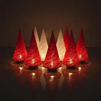 Premium Spun Cone Christmas Tree Tealight Holder and Decor Set of 2 (Red & White)  Eco-Friendly Biodegradable Thermoplastic @ 17cm Tall with a Brown Plastic Base Holder for the LED.