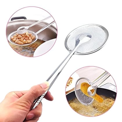 Multi-Functional 2 in 1 Stainless Steel Mesh Fry Strainer Spoon with Clip -Set of 1Pc Approx 28 x 10 cm