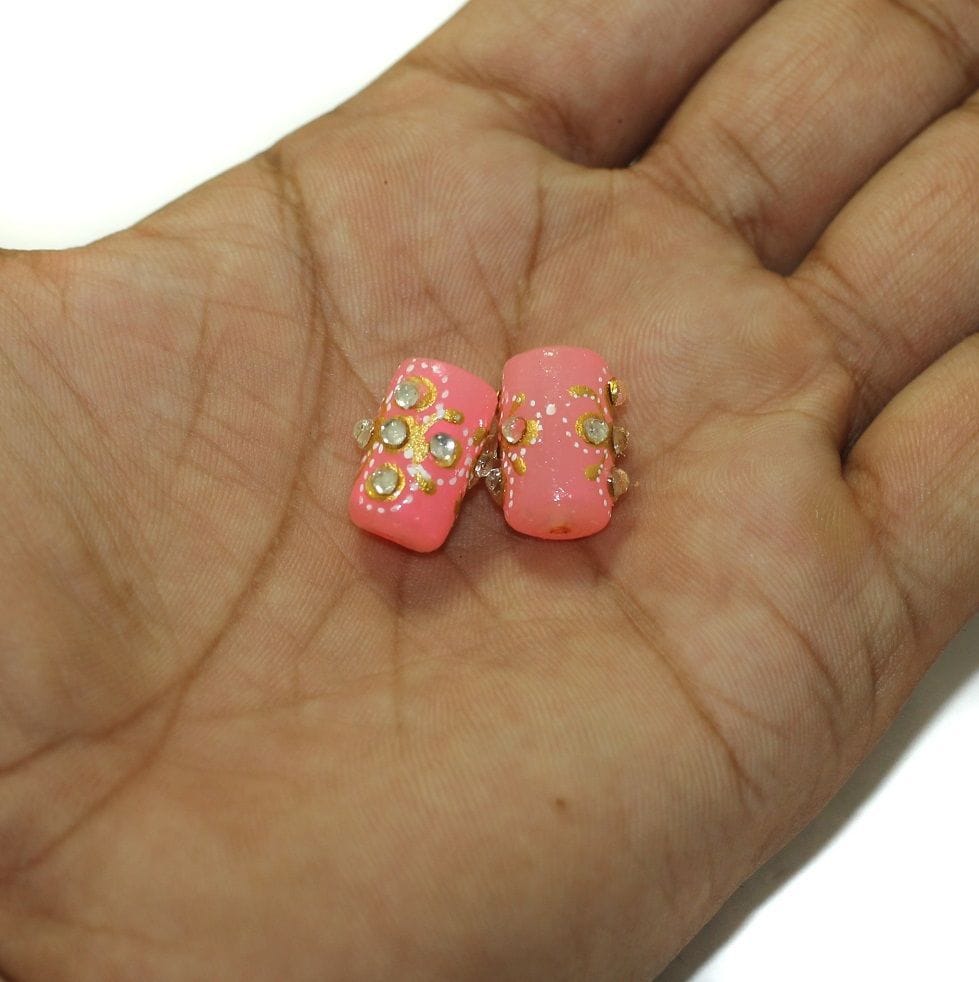5 Pcs, 16x10mm Handpainted Kundan Work Tube Beads Pink-Pink / Glass