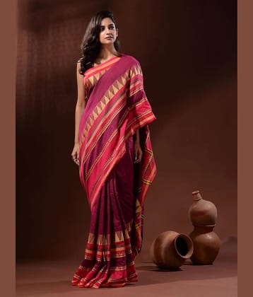SARADA HANDLOOM Cotton Striped Saree With Unstitched Blouse Piece ( Rani )