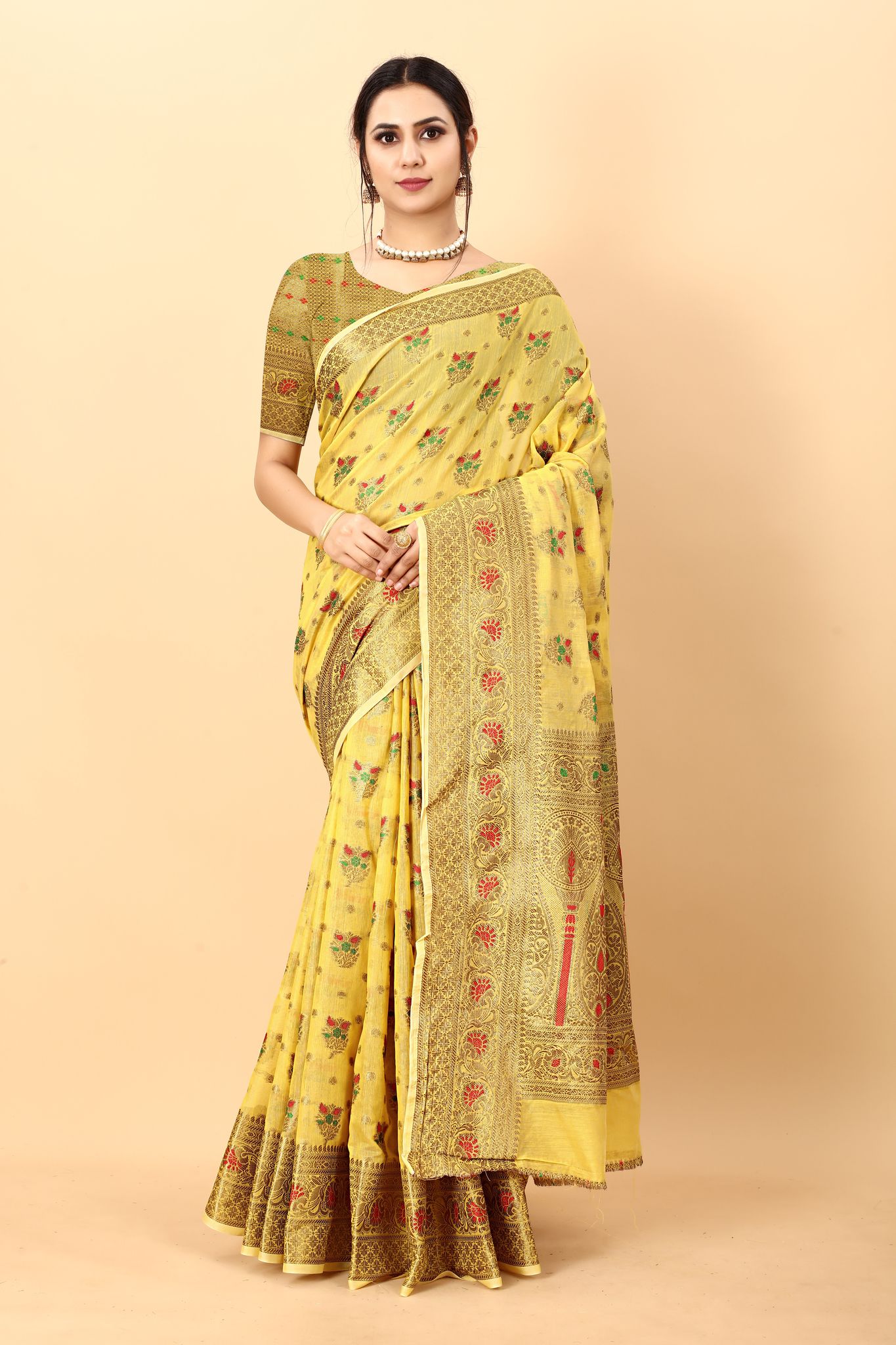 Yavira silk Women's Yellow Handwoven Chanderi Saree