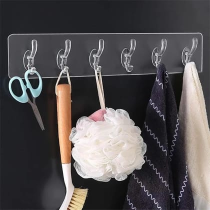 Plastic Wall Hanger Hooks for Hanging Clothes Home Kitchen Office Bathroom Bedroom Door, 4 Pack Self Adhesive Hanger Hooks (6 Hooks Hanger, Transparent)