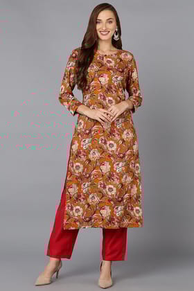 Cotton Blend Mustard Floral Printed Straight Kurta VCK9232