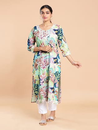 Kalyan Silks Ocean Coral Reef Printed Pastel Sea Blue Kurti Top