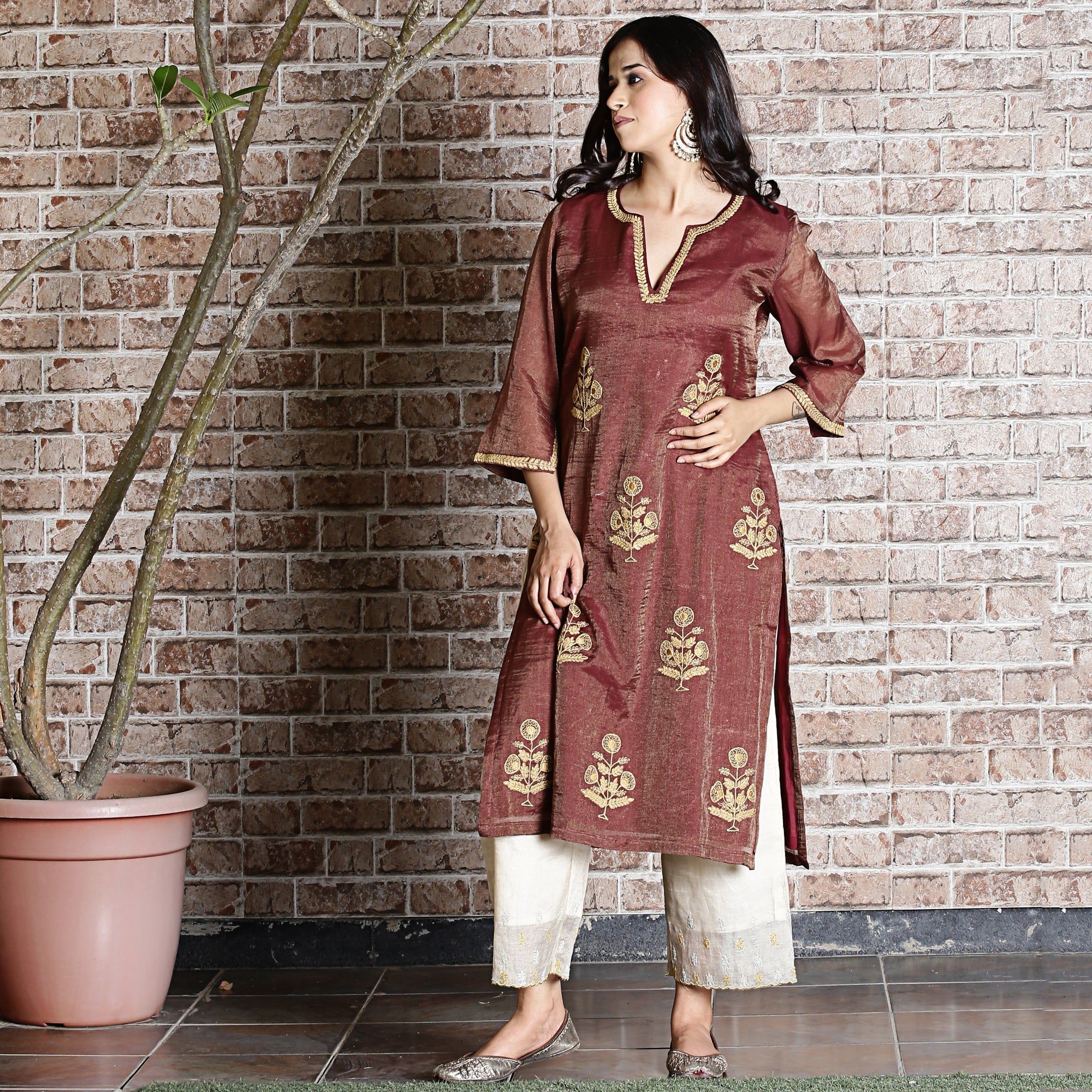 brown chanderi embroidered kurta set-XS